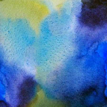 Abstract blue, navy blue, yellow and black watercolor background with watercolor paper texture. Deep color paint overflow swell illustration. Night sky.